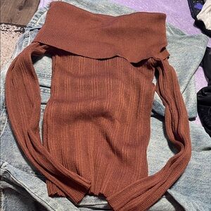 by & by Ribbed Off-the-Shoulder Sweater in Burnt Rust
